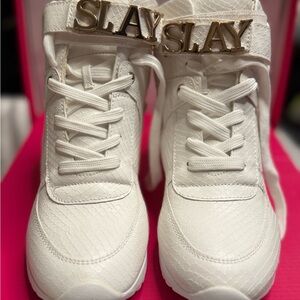 White Sneakers with Gold SLAY Detail